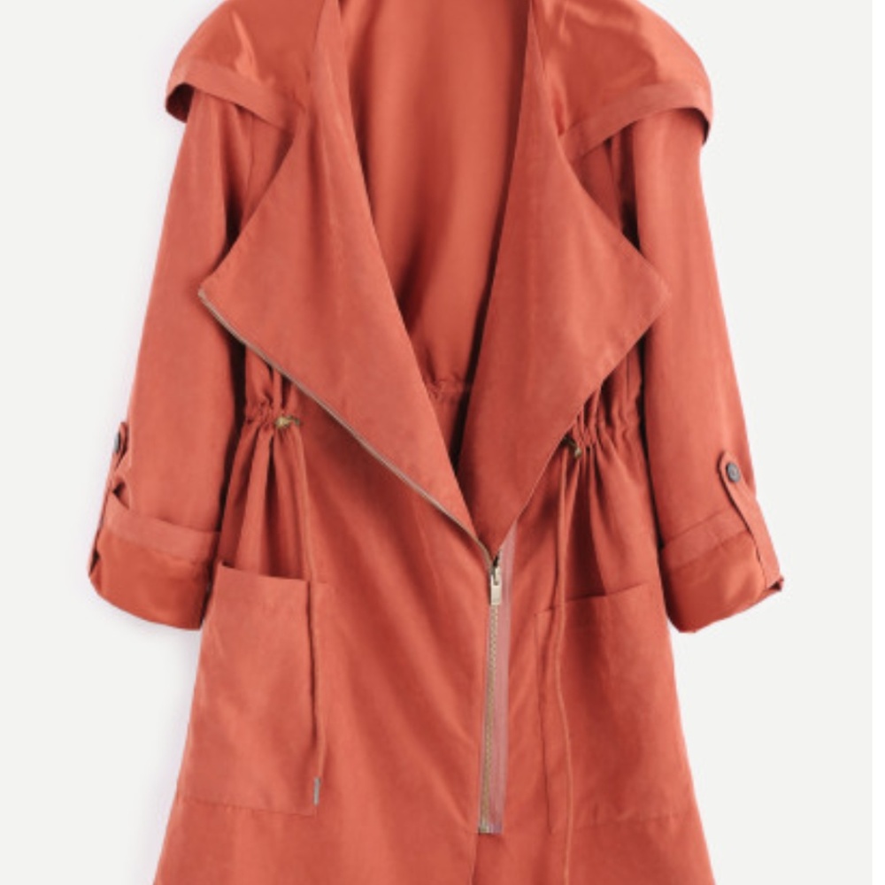 Brick Red Suede Asymmetric Zip Hooded coat